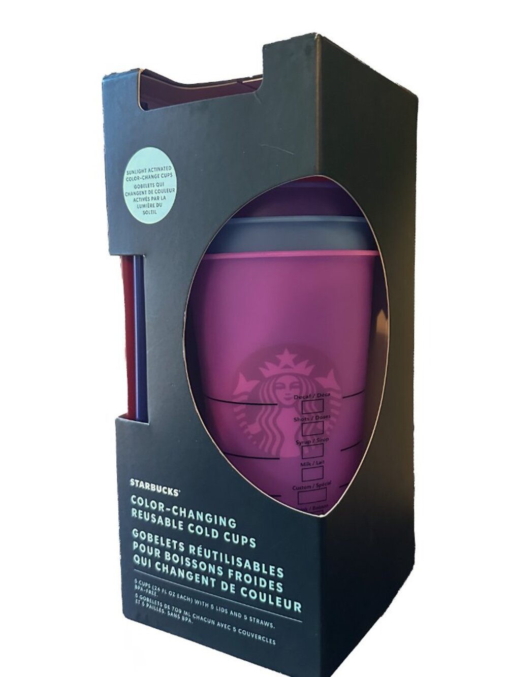 5 Starbucks Color Changing Cold Cups w/ lids and straws